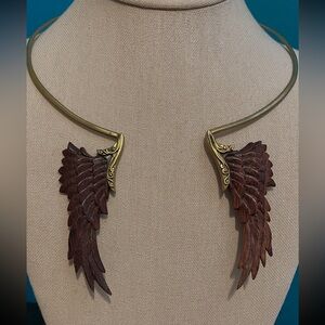 brass carved wood necklace brown angel bird wings artisan adjustable size boho